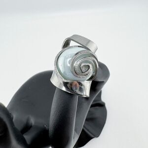 Vintage Swirl Fork Ring Iridescent Stone Handmade Unique Artisan Statement